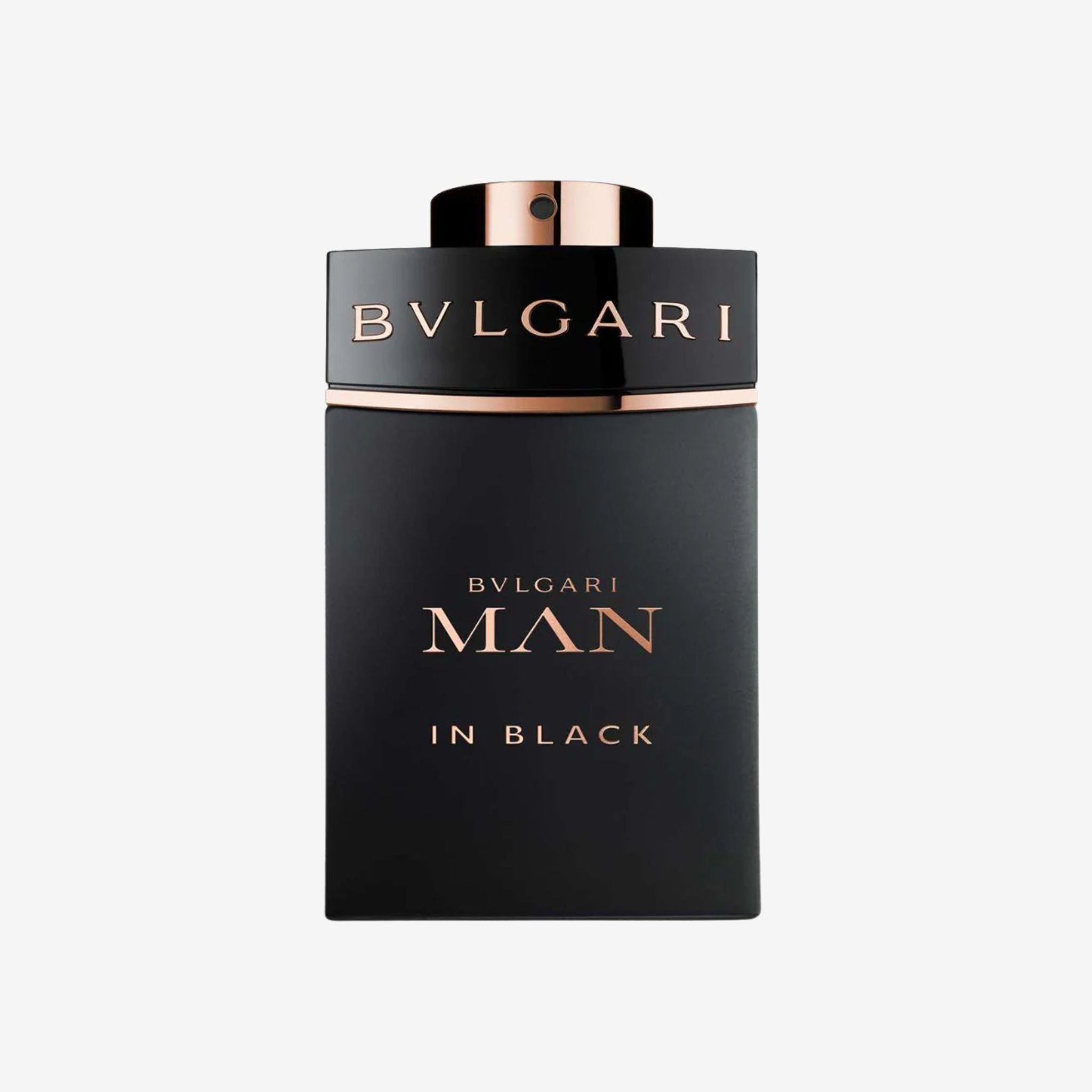 Bvlgari Man In Black EDP 100ml perfume bottle displayed on a light grey background showing its bold black and gold design.
