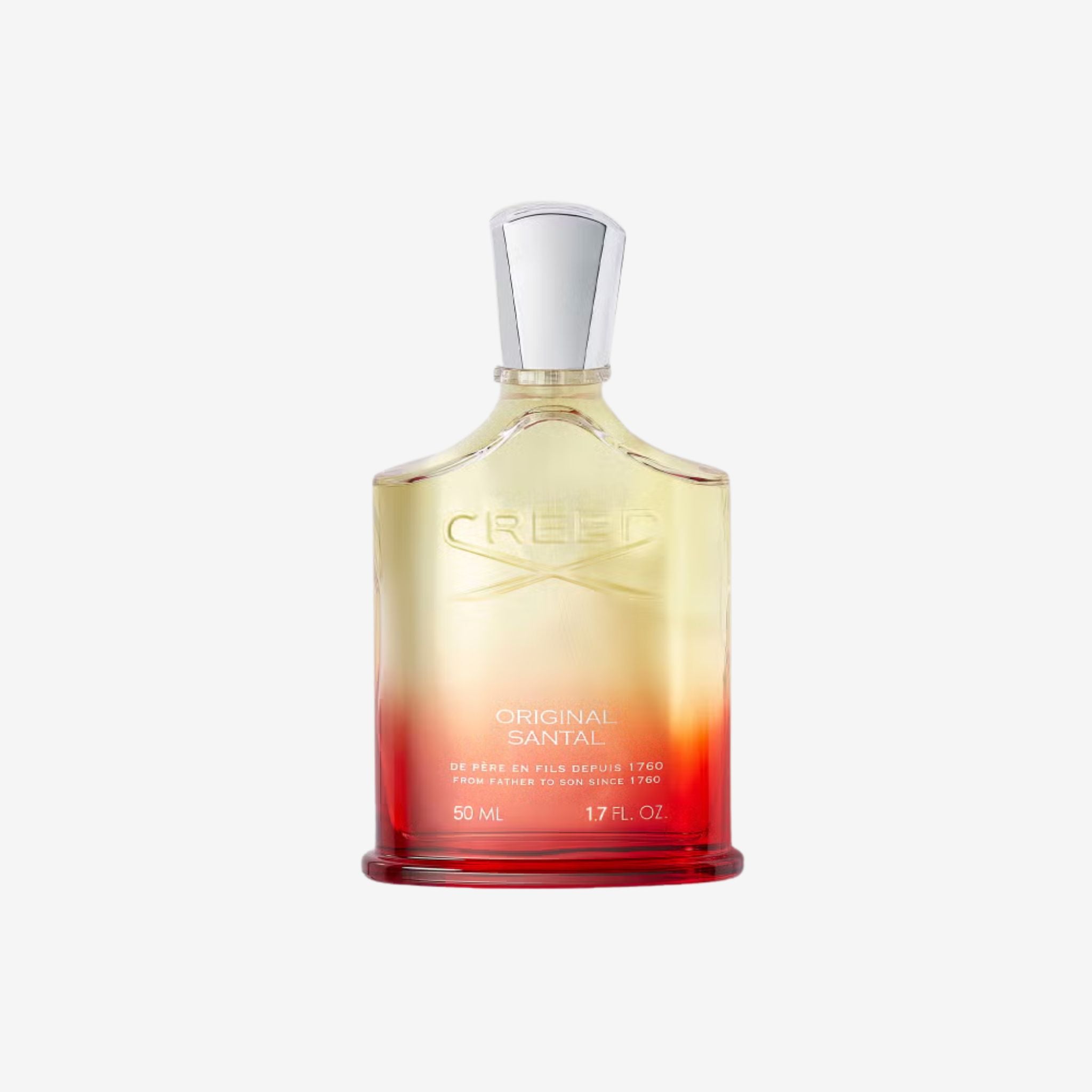 Close-up of Creed Original Santal EDP 100ml perfume bottle showing its refined glass and premium craftsmanship.